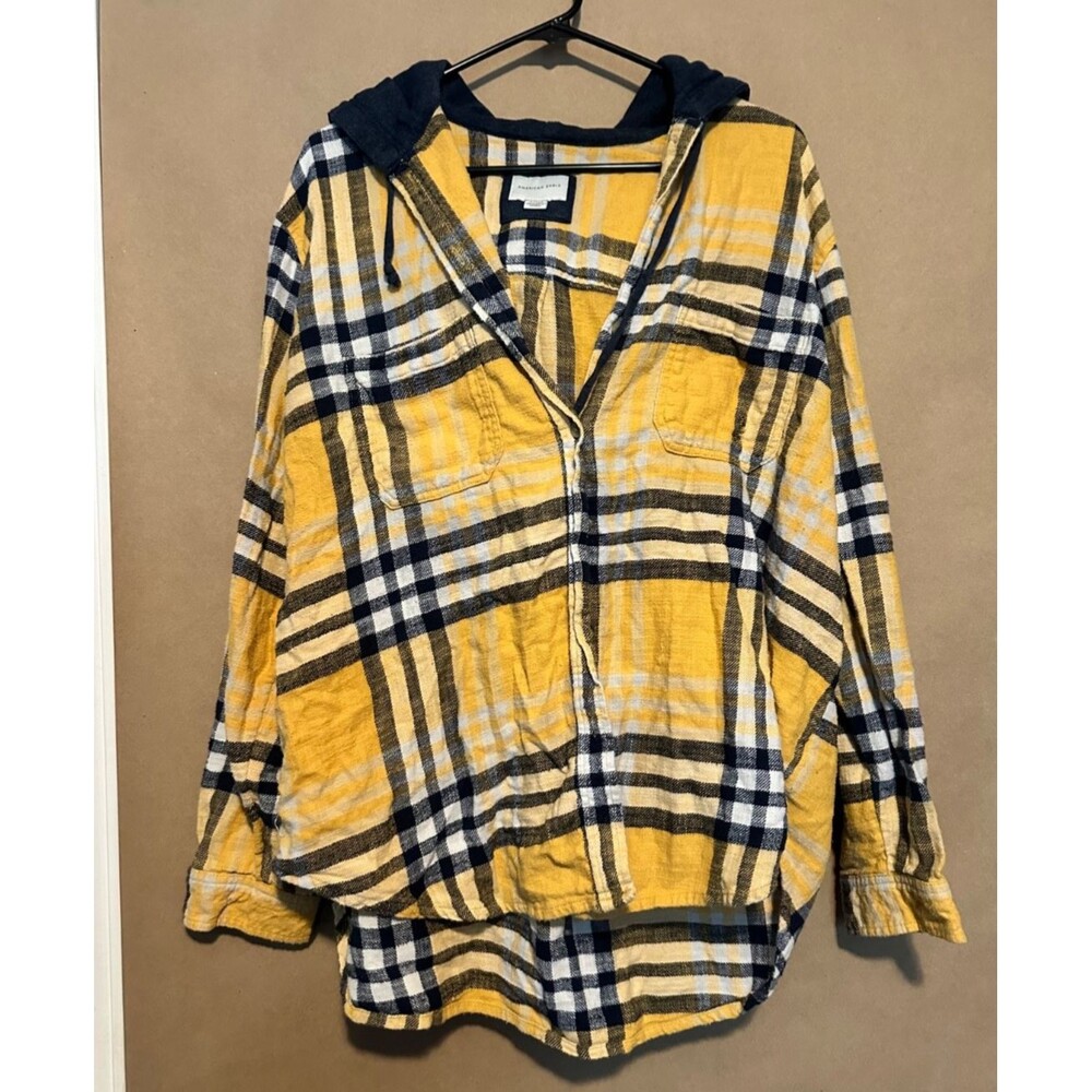 American Eagle Flannel Shirt Womens XL Yellow Plaid Oversized Hoodie Distress